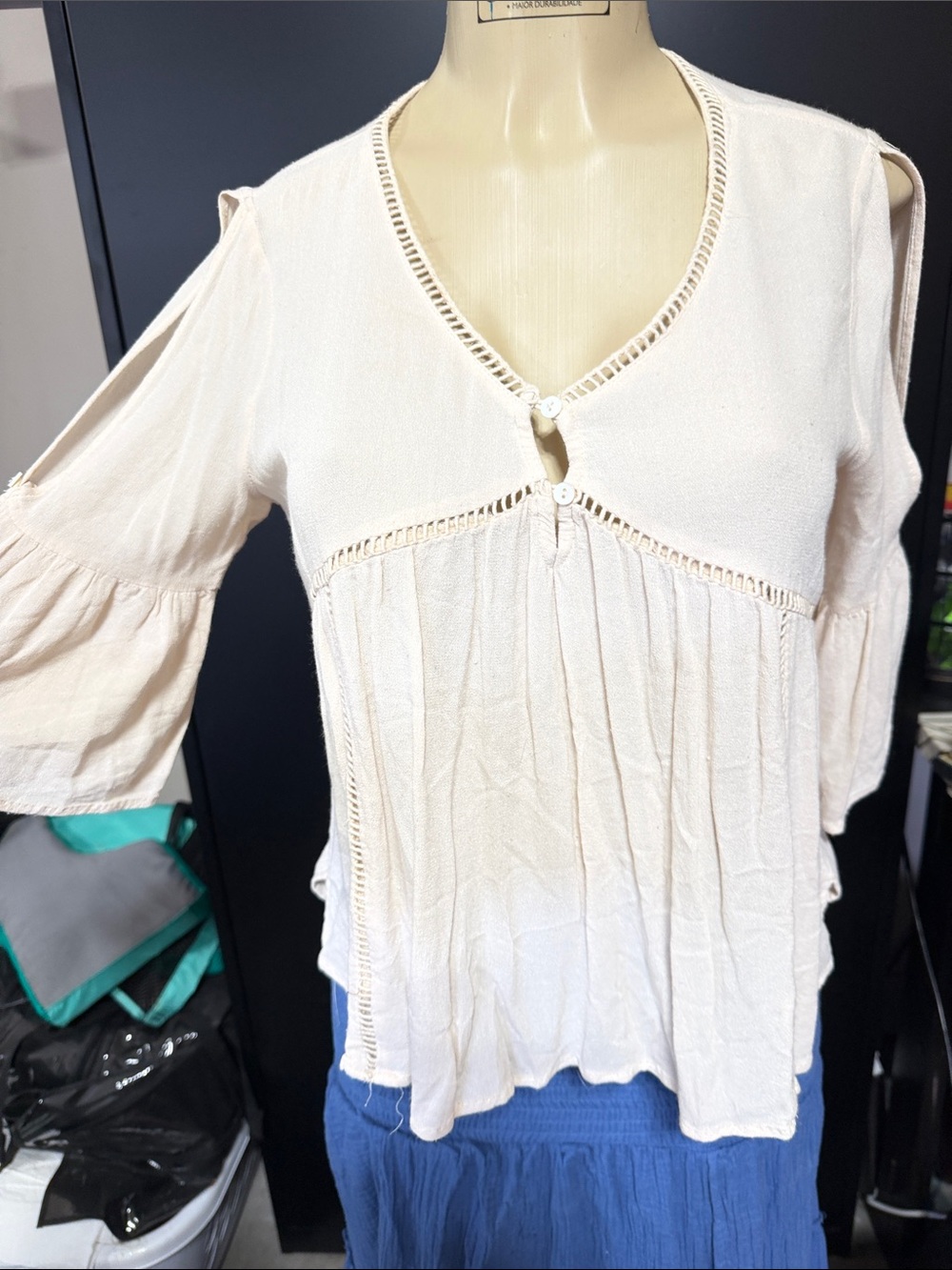 Women's Cream V-Neck Button Front Peasant Top